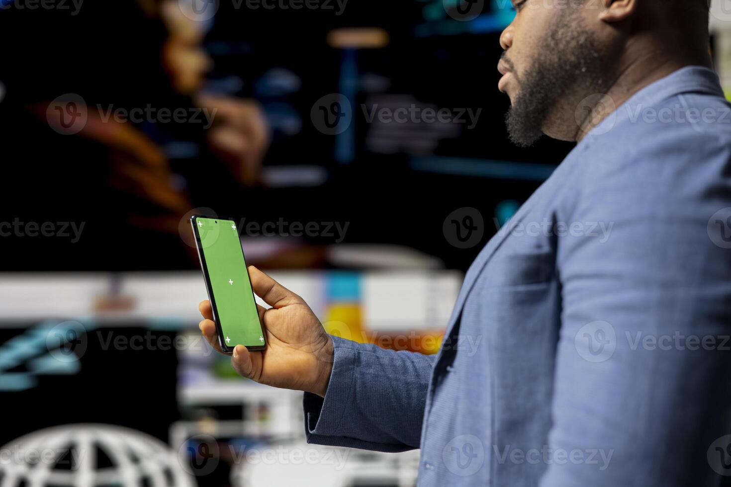 Social media environment with a person using copy space device, surrounded by tech visuals, infographics and digital apps. Emphasizing communication and web entertainment. Digitalization. photo