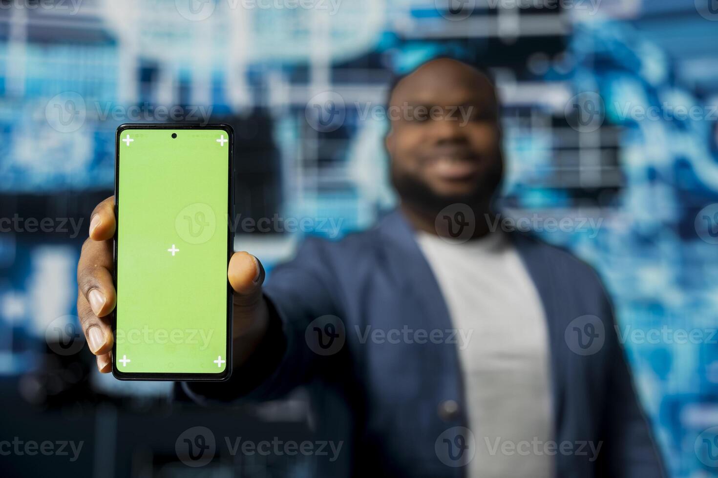 African american adult showing device with copy space screen with predictive analytics immersed in AI brain development and machine learning. Smart technology and high tech cybernetics. photo