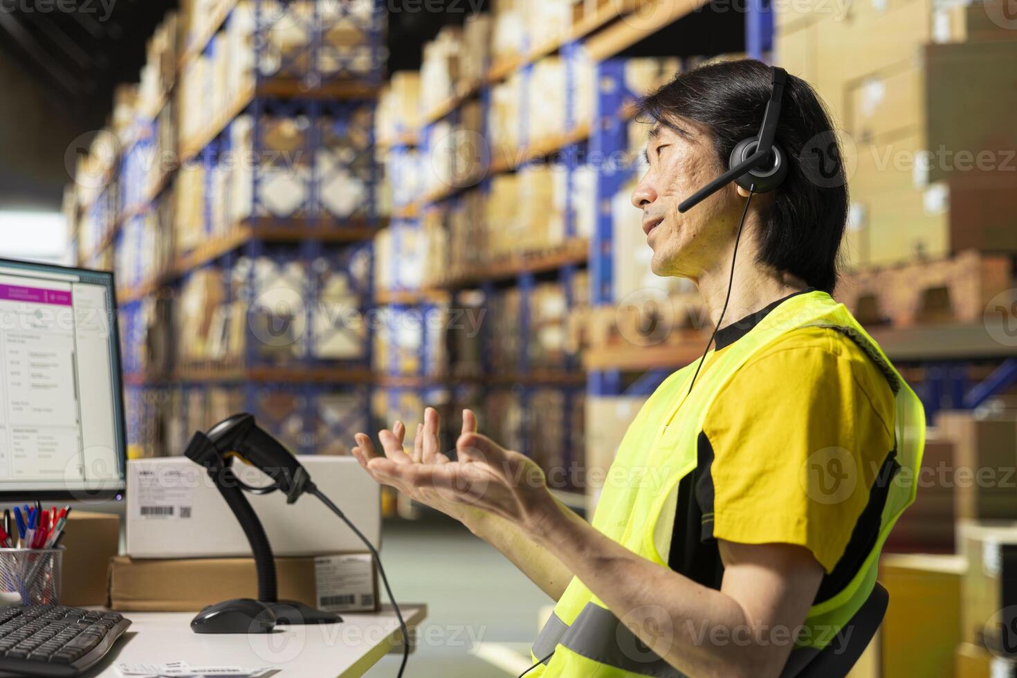 Asian employee answering calls from clients in a distribution hub, handling mix up problems and requests via customer service. Call center clerk troubleshooting parcel shipment. Logistics. photo