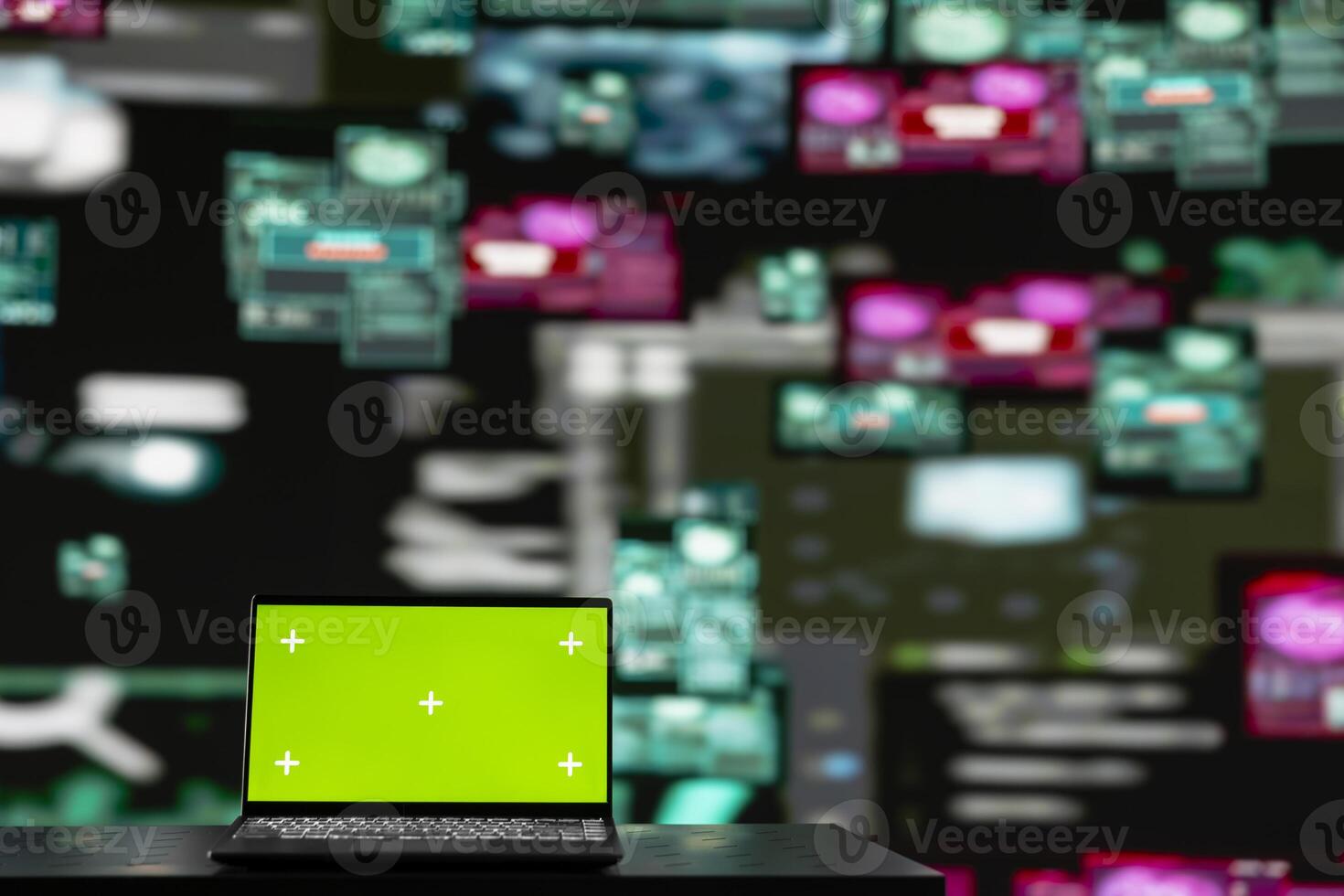 Laptop with isolated display in empty space used to initiate a cyber crime, compromising IT security through coding and stealing data or passwords. Quantum threat alerts. photo