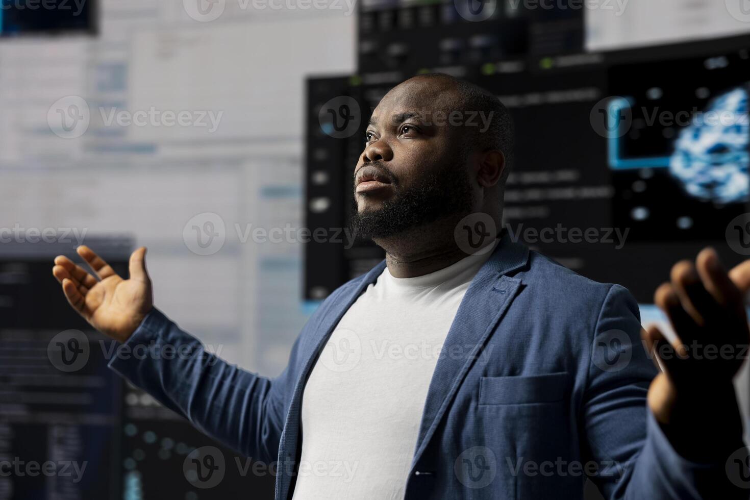 African American developer working in a cyber environment with AI programming language and data science. Technician symbolizes code development, automation for innovation. Tech world. photo
