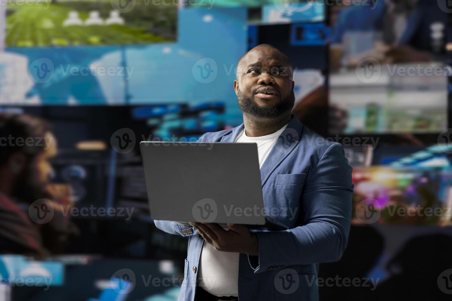 Young social media expert connecting on social network for trends on dashboard, showcasing user interface and digital web platforms. Power of technology, influence and internet presence. photo