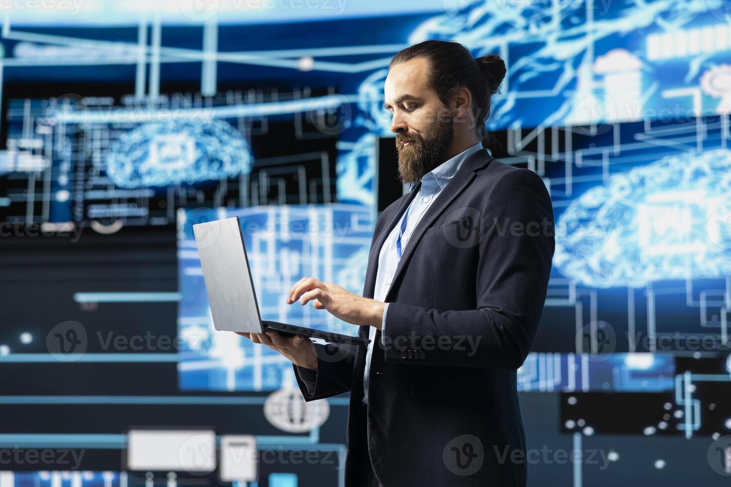 Engineer studying AI brain for data structures and predictive analytics, highlighting smart technology and machine learning for innovation and virtual intelligence. Algorithmic thinking. photo