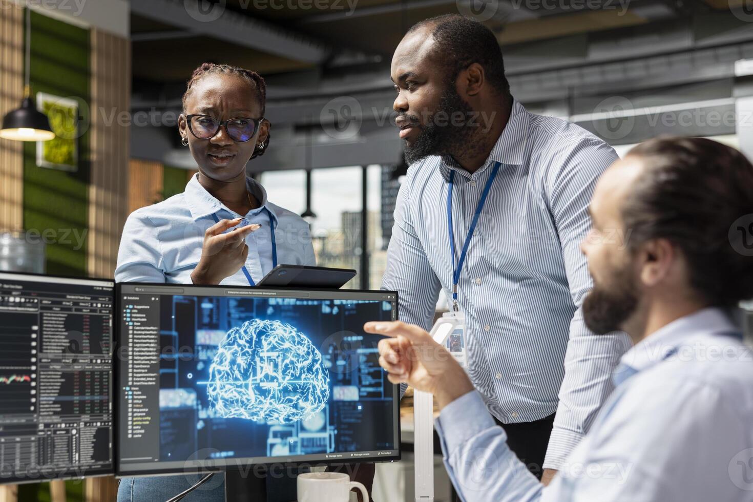 Team of traders doing brainstorming in office, using AI LLM for stock exchange analysis. Teamworking prop firm colleagues integrating machine learning analytics to monitor stock market photo