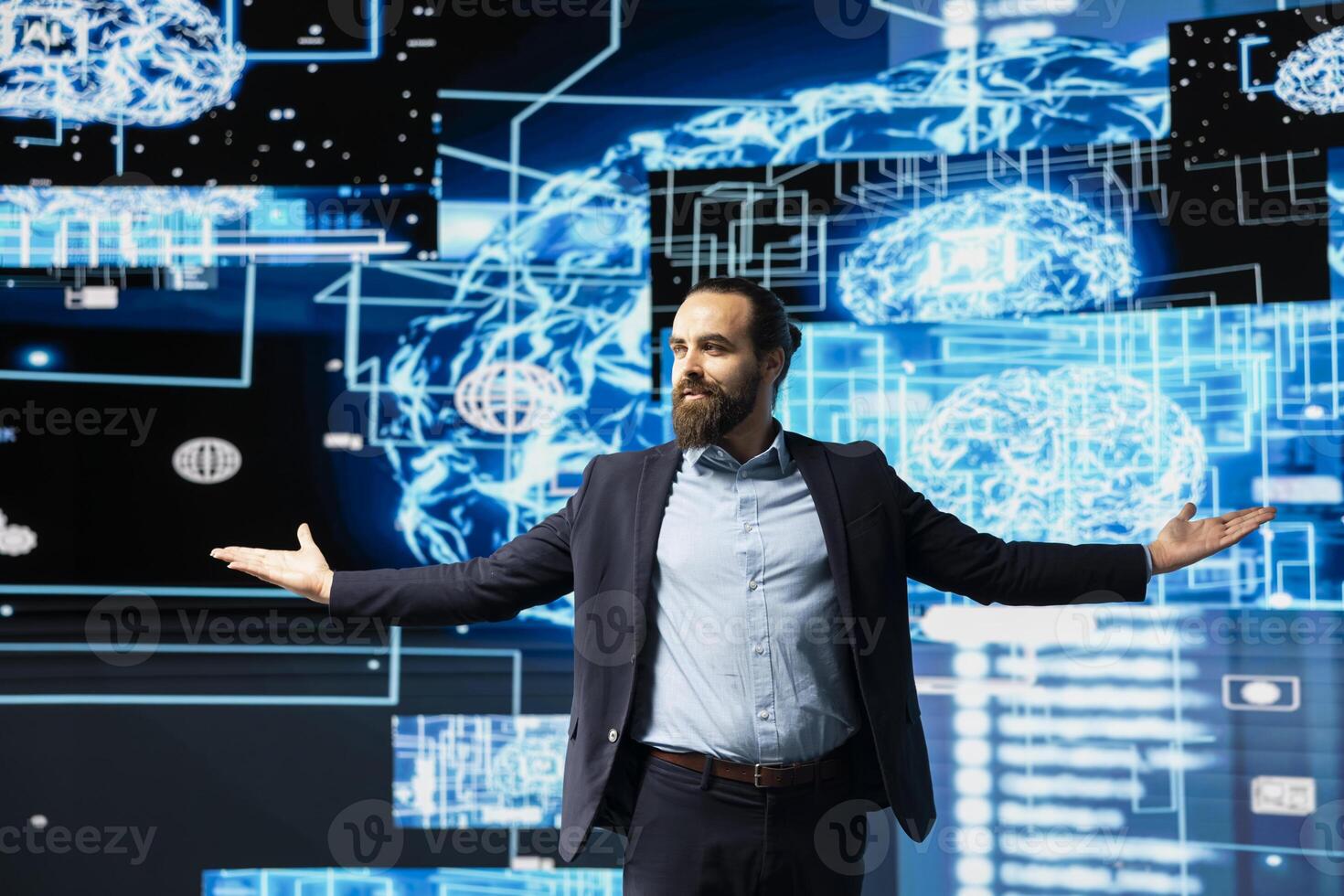 Ambitious businessman being proud of his AI brain neural network system for innovation, employing machine learning for data visualization and cloud computing. Cybernetics empowerment. photo