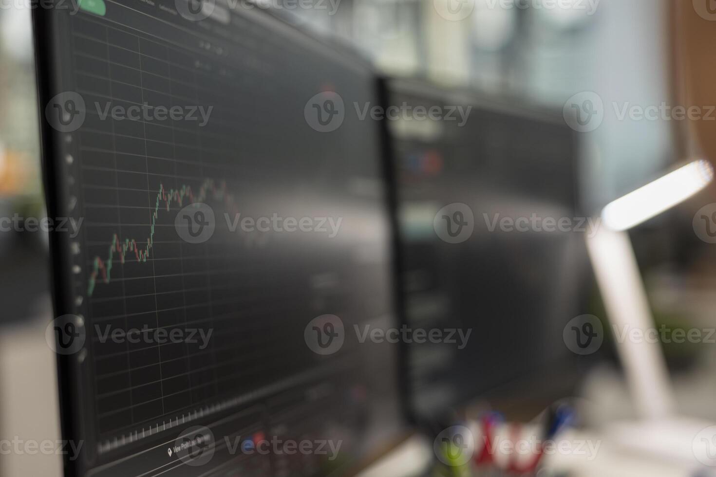 Close up of computer monitor displaying candlestick chart with stock market trends and price movements. Trading interface on PC screen showing financial data analysis of stock exchange performance photo