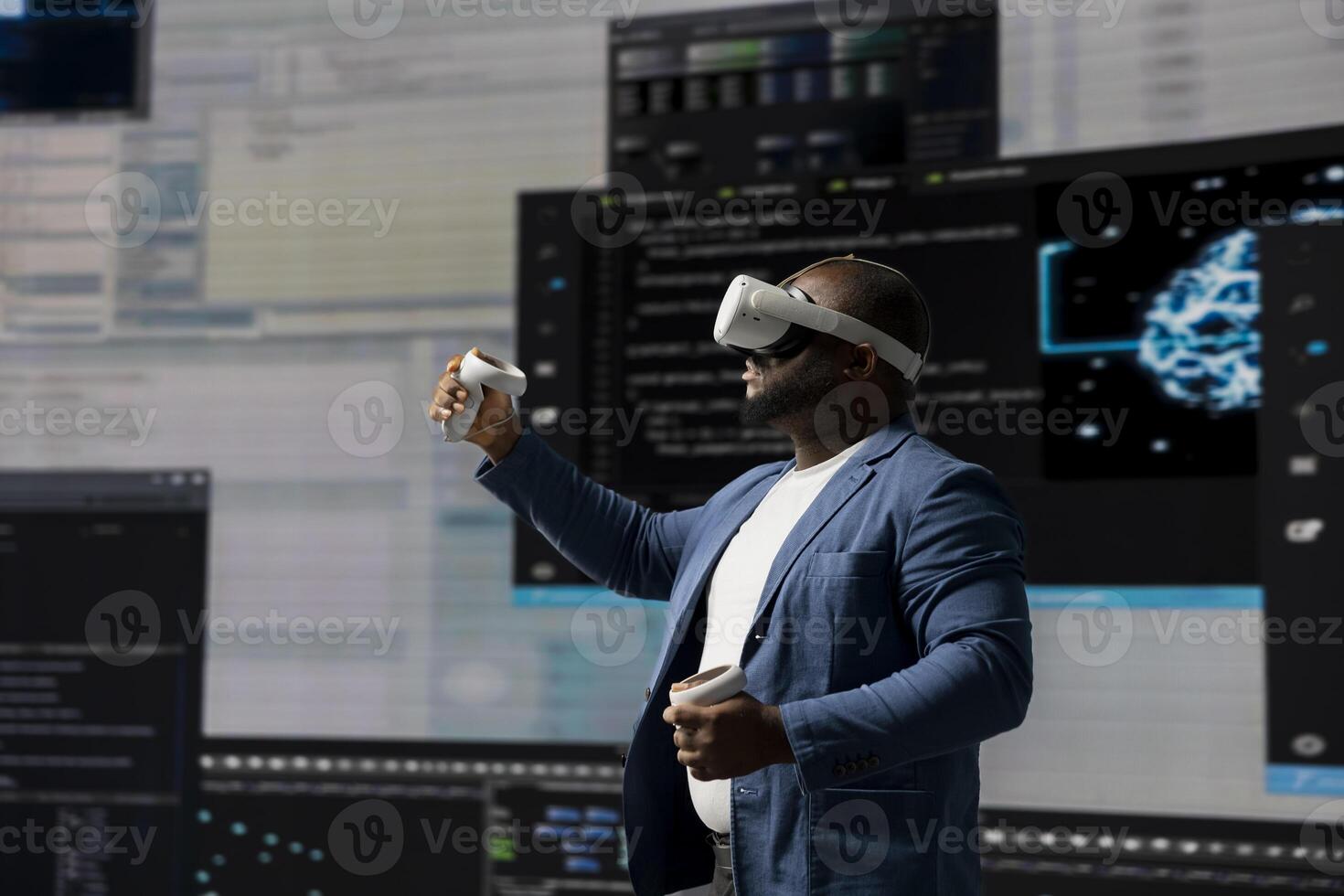 Digital tech expert coding and using VR headset at innovation hub, showcasing the intersection of data science and cybersecurity. Coding life immersed in high tech code development. photo