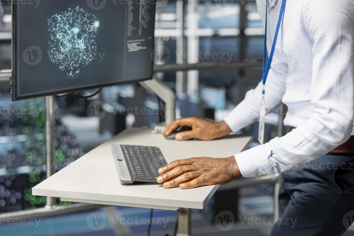 Close up of black engineer overseeing AI code for data automation on pc, reviewing LLM visualization and configuration on industrial platform. Neural network intelligent systems. photo