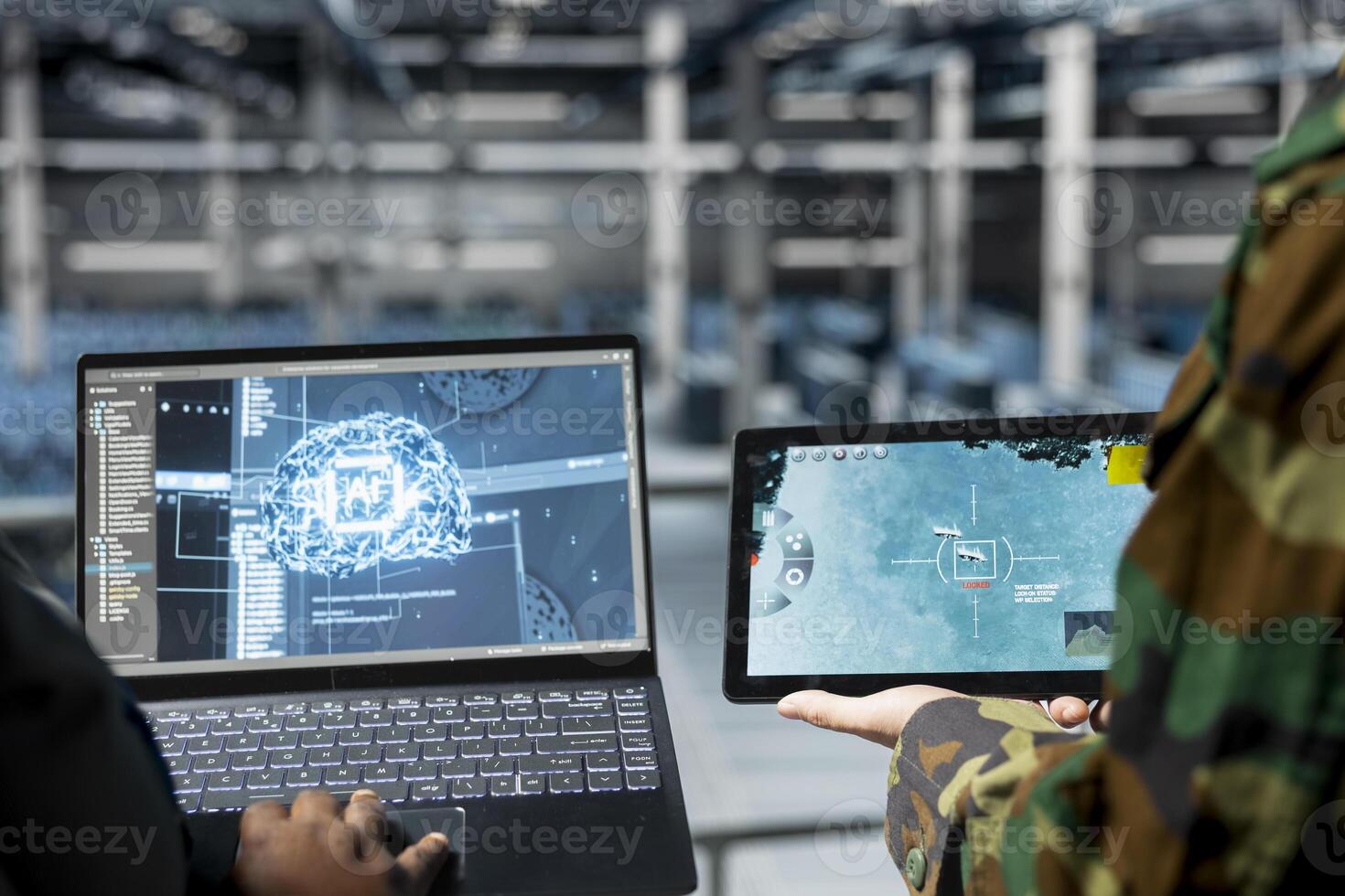 Close up of military operator and IT expert in army data center using AI on laptop to manage autonomous defense systems. Soldier and programmer using AI for strategic threat detection photo