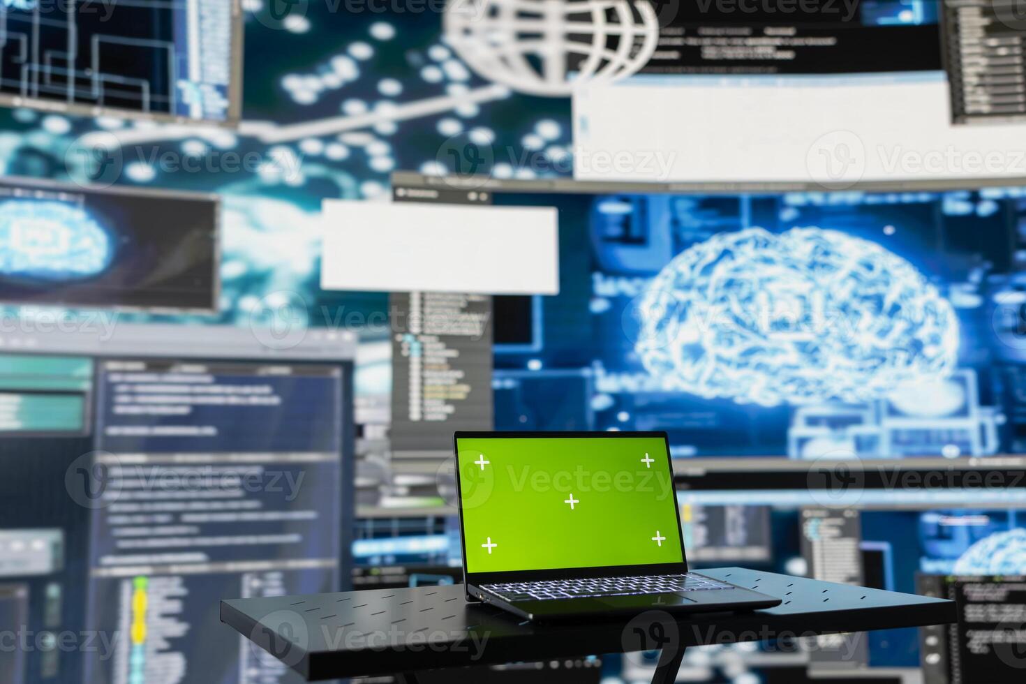 Laptop running isolated mockup screen next to AI neural networks system, used for practicing deep learning and cloud computing. Tech implementing artificial intelligence brain. photo