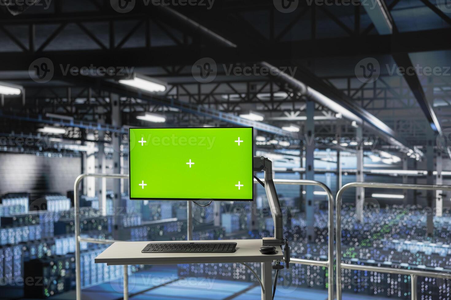 Green screen isolated display on data center industrial platform showcases hardware status. Chroma key screen tracking servers processing machine learning datasets in elevated environment. photo