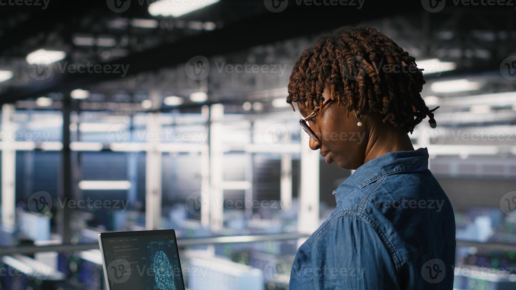 Data center coworkers doing maintenance on mainframes handling AI processing tasks. Server hub system administrators managing storage arrays supporting deep learning training workflows photo