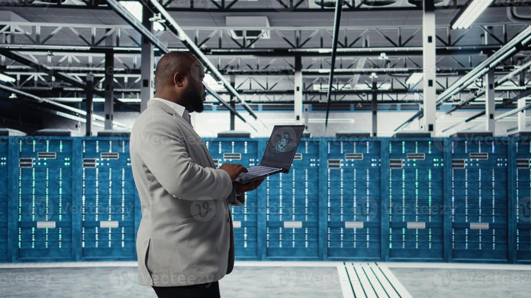 Data center admin doing IT maintenance tasks using AI technology. Server hub engineer providing tech support after identifying hardware issues using predictive artificial intelligence alerts, camera A photo