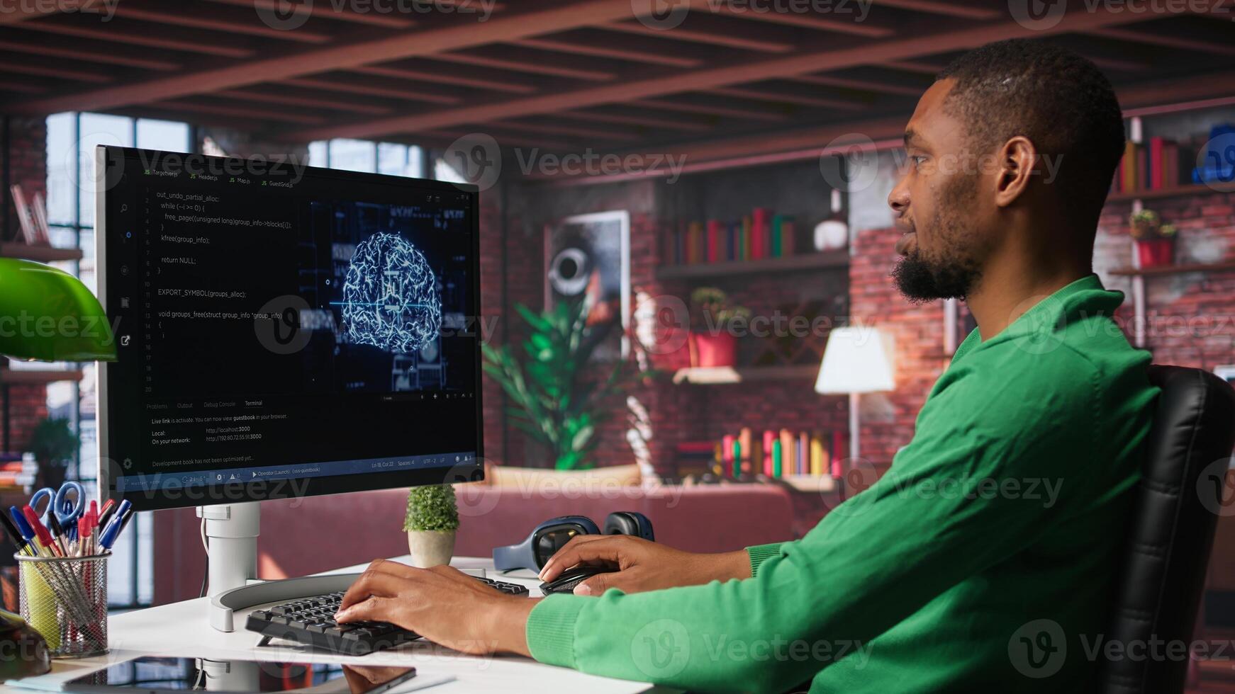 African american engineer coding a neural network AI brain model for machine learning and deep learning, solving IT support tasks on pc. Debugging software and checking for errors. Camera B. photo