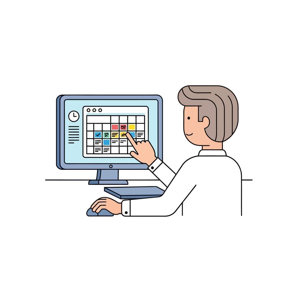 Man in a white shirt at a desk, pointing at a digital calendar on a computer monitor. vector