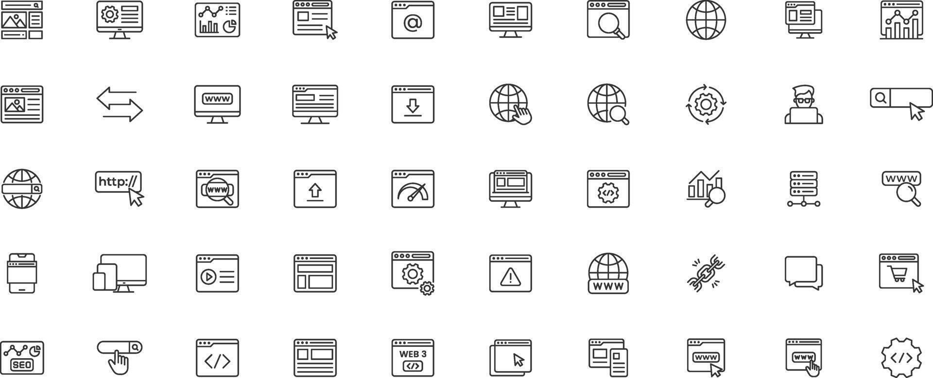Website line icon set. Contain icons related to Containing web design, internet, content, SEO, hosting, blog, homepage, e-commerce line icon collection set vector