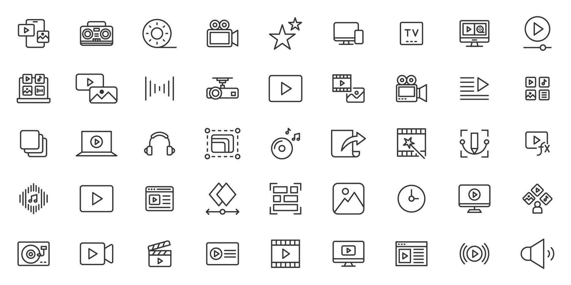 Multimedia icons set. Audio icons pack multimedia, audio, , image, animation, graphic design, motion graphics, visual effects, special effects, editing line icon set. vector