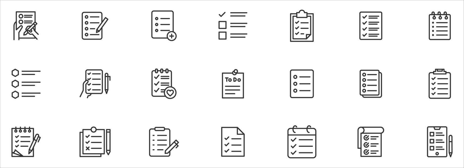 Checklist icon set line icon. Containing clipboard with checkmark, document, checkbox on paper icon illustration icon collection. vector