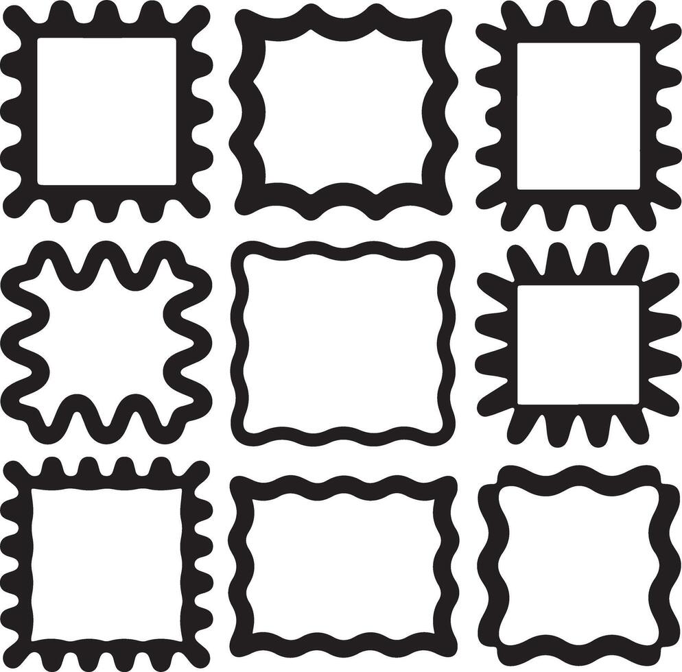 Nine black and white square and rectangular frames with wavy borders monochrome vector