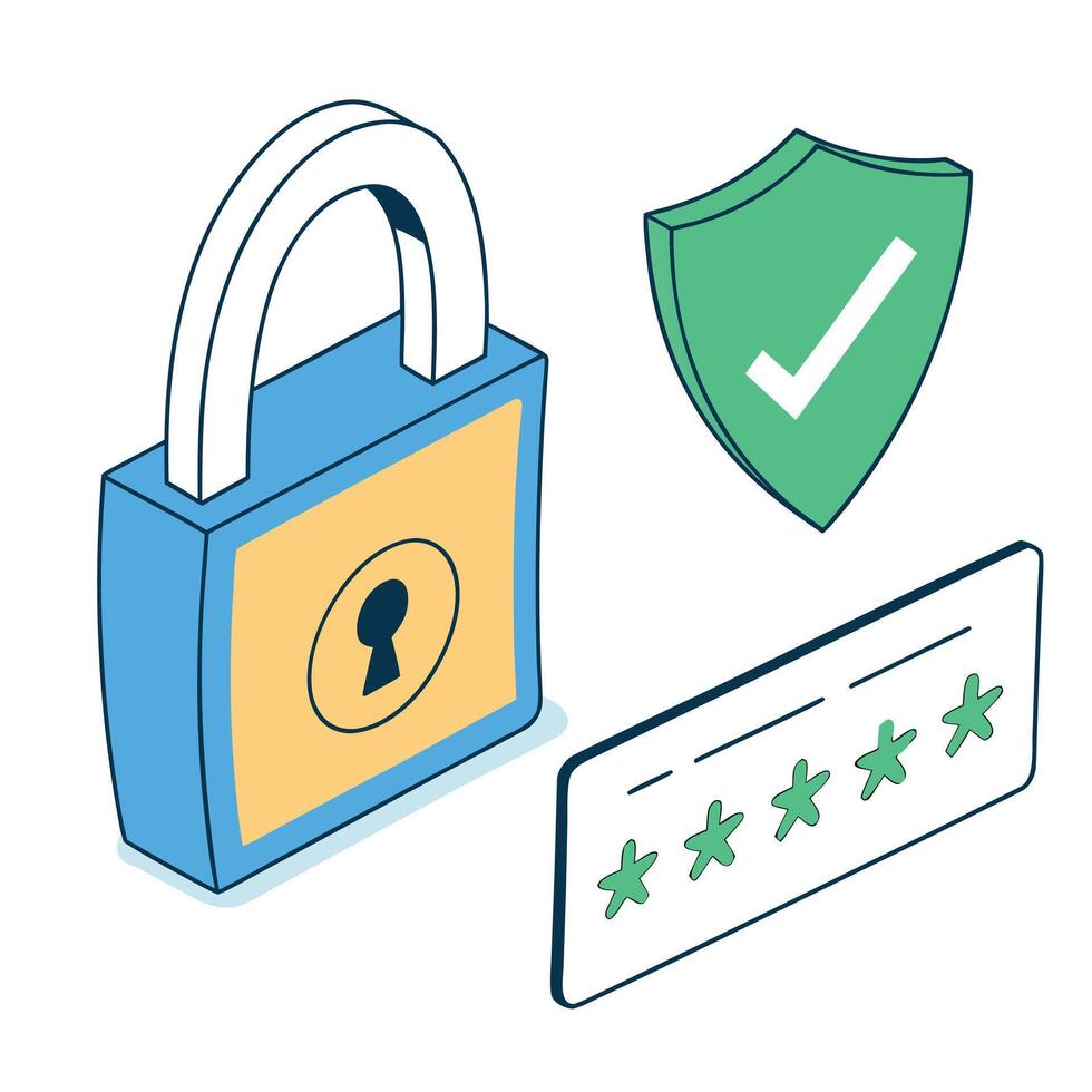 Secure Your Data Isometric Illustration of Padlock, Shield, and Password Protection Ensuring Digital Safety and Privacy vector