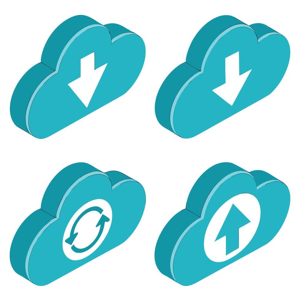 Serene Teal Cloud Computing Icons Download, Upload, and Sync Symbols for Digital Data Transfer - Professional digital artwork with vibrant colors and detailed composition vector