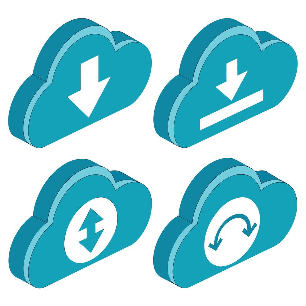Four Isometric Teal Cloud Icons Illustrating Download, Upload, and Data Transfer Processes in a Modern, Clean Style vector
