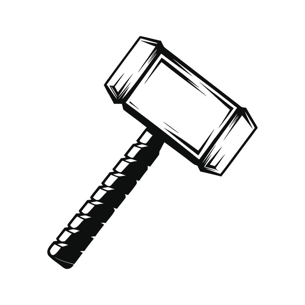 Black and white illustration of a hammer with a segmented handle and rectangular head tool vector