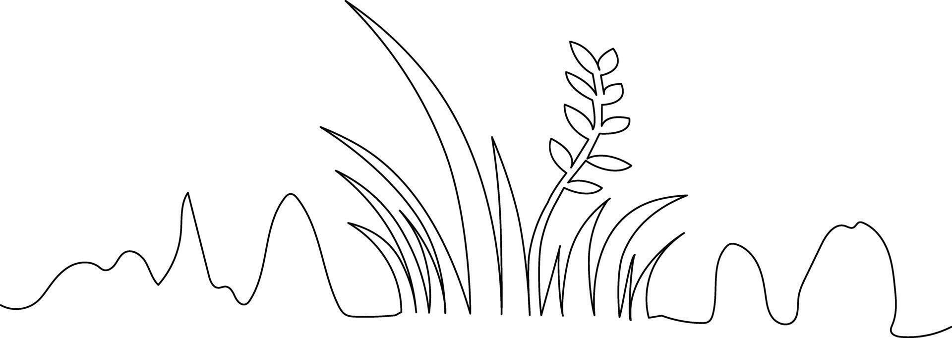 Minimalist one line continuous art of grass and flowers with soft outline illustration vector