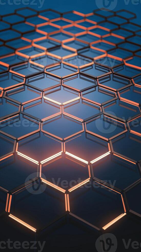 Intricate hexagonal patterns illuminated with warm light on a dark blue background. photo