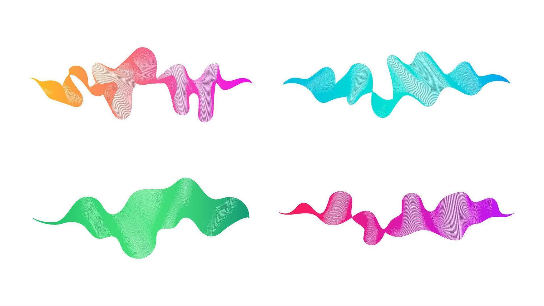 Curved wavy stripes. Set of four abstract colored gradient wave modern lines on white background. vector