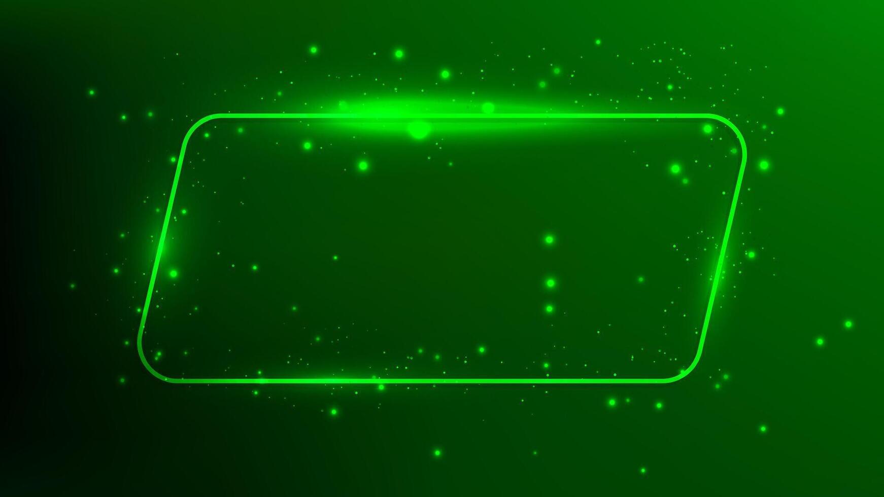 Neon rounded parallelogram frame with shining effects and sparkles on dark green background. Empty glowing techno backdrop. illustration vector