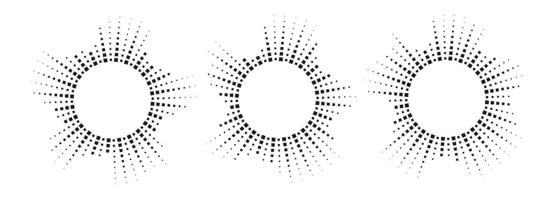 Collection of circular audio waveforms made of segmented beams. Abstract radial sound visualization, ideal for music, voice, or frequency design elements . vector