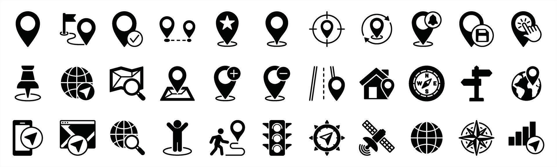 Map pin location icons set. Contains pointer, direction, navigation, place, marker, compass, GPS, place, distance, route, traffic, road, guide, satellite, mark. Illustration vector