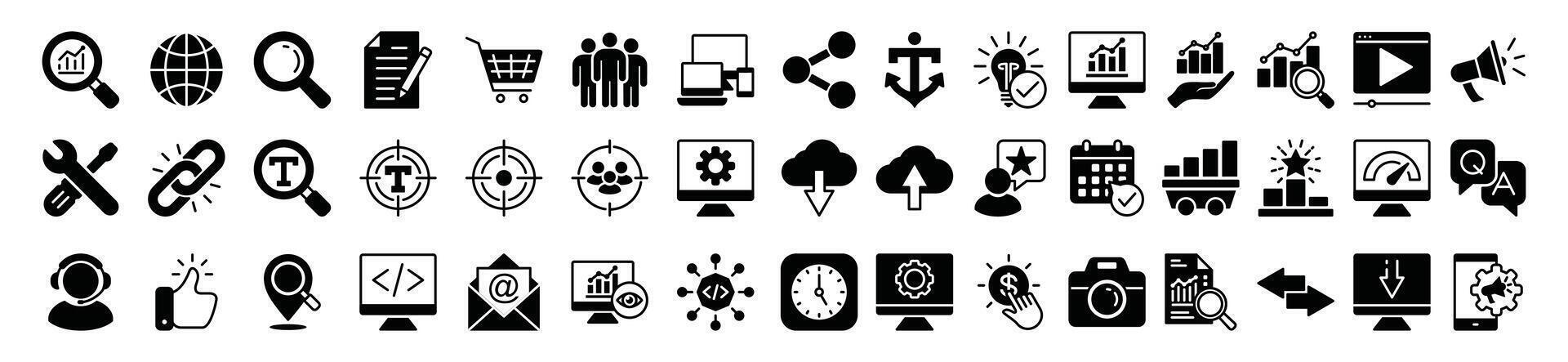 Search Engine Optimization icons symbol collection. SEO icons set. Search, analytics, marketing, analysis, traffic, link, development, optimization, websites, social media, business, and other vector