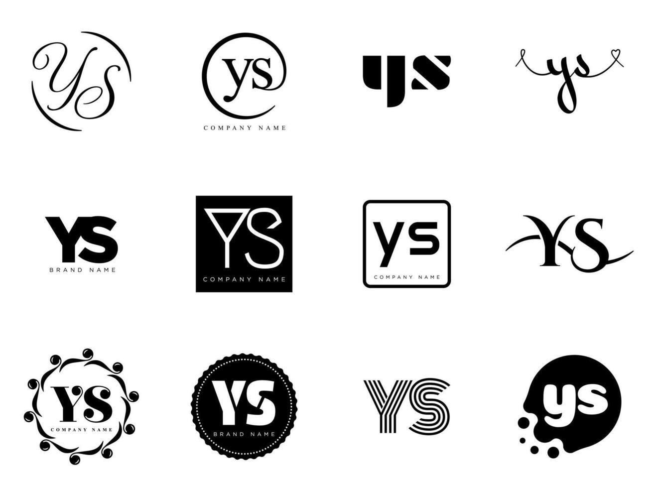 YS logo template. Letter y and s logotype. Set different classic serif lettering and modern bold text with design elements. Initial font typography. vector
