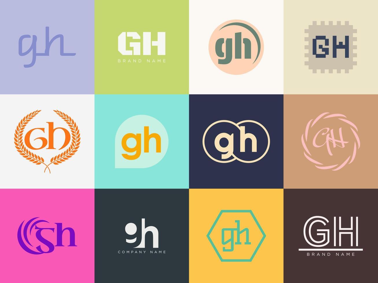 GH logo company template. Letter g and h logotype. Set different classic serif lettering and modern bold text with design elements. Initial font typography. vector