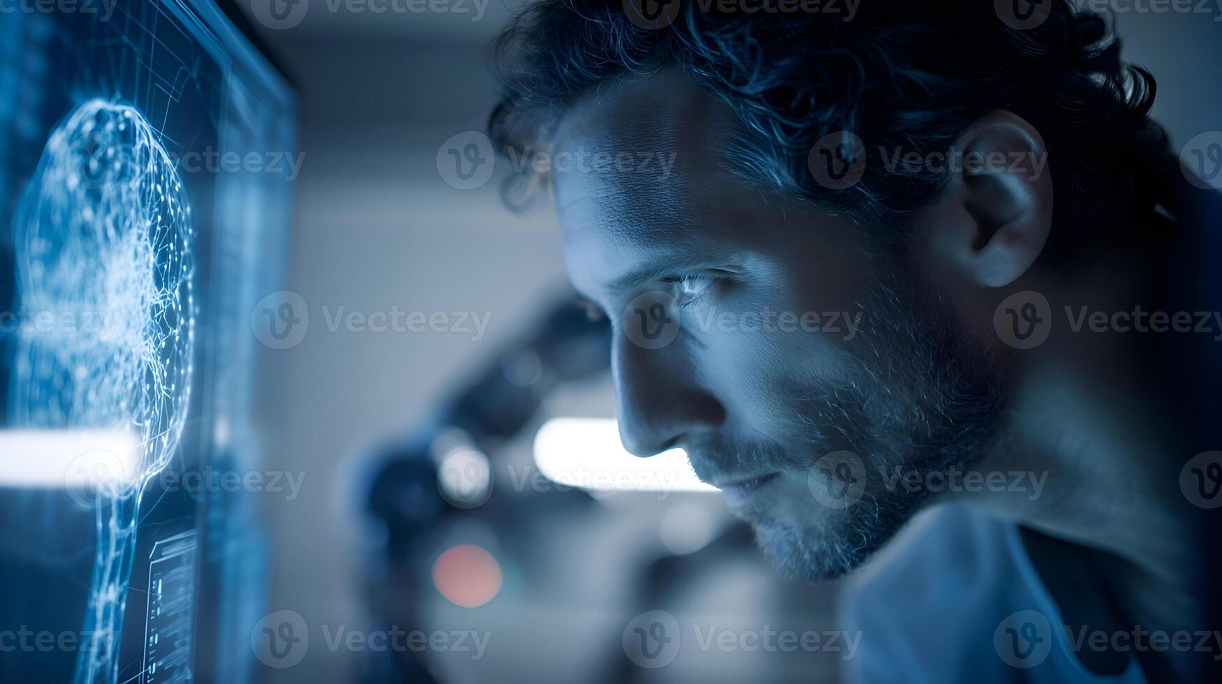 Scientist working on transparent futuristic computer displaying brain interface in laboratory photo