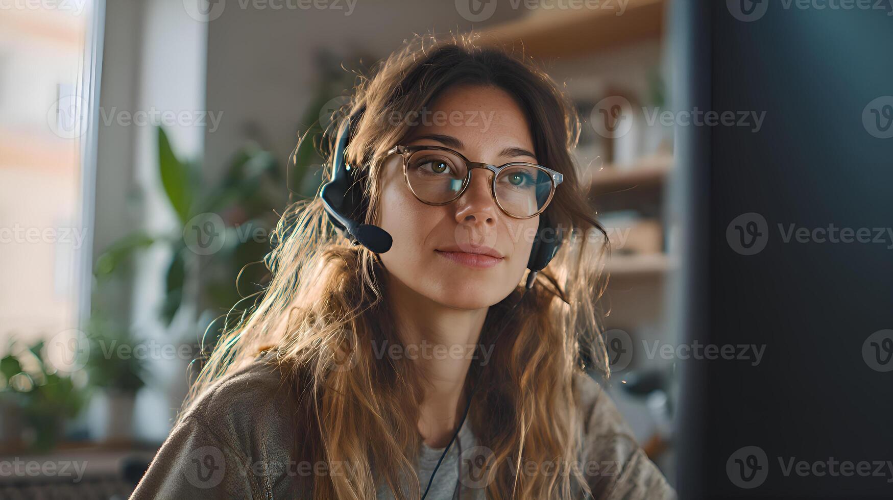 Customer service representative working from home using headset and computer photo