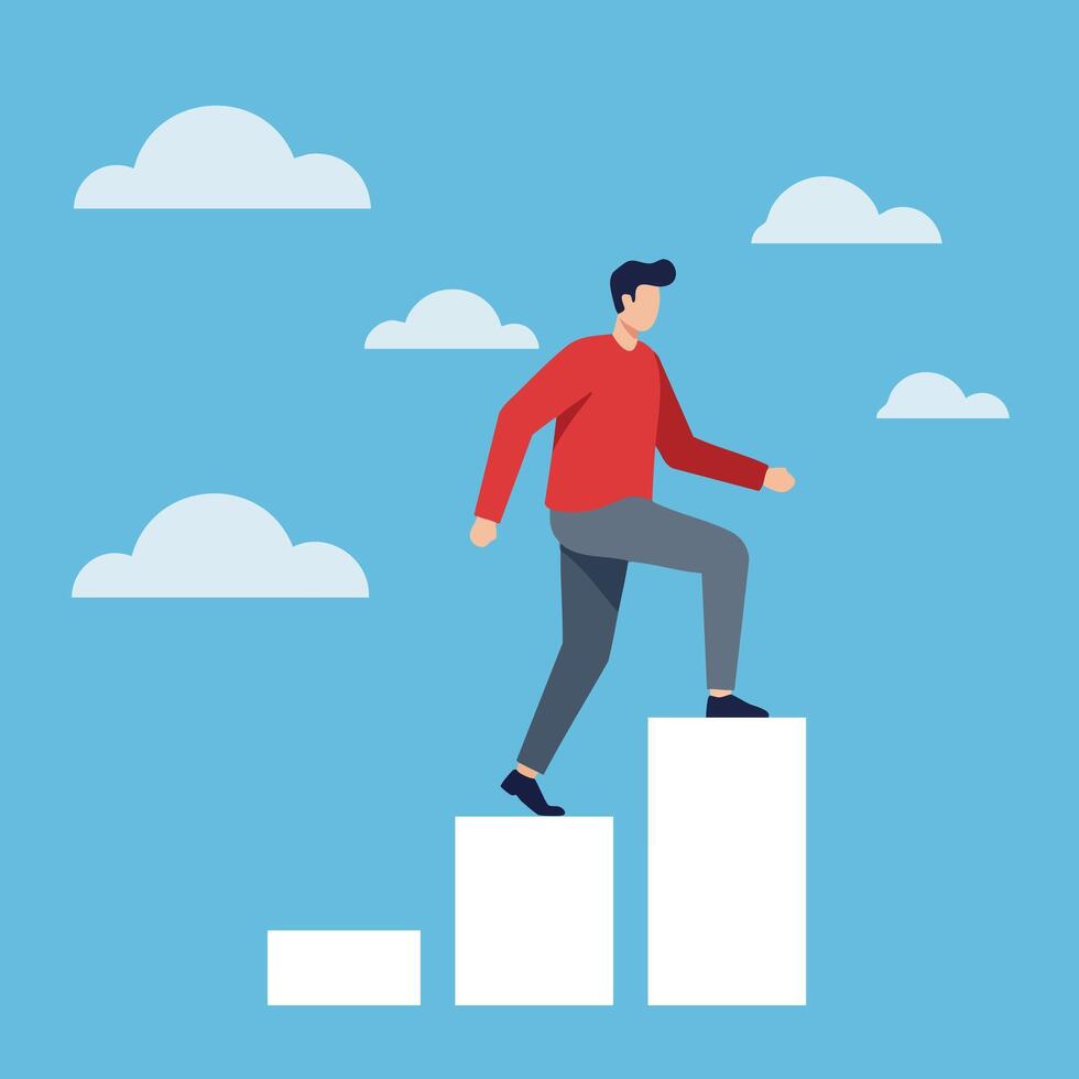 Man climbing ascending bar chart steps with blue sky and white clouds background illustration vector