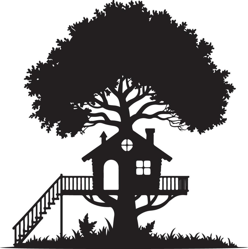Silhouette of a charming treehouse nestled within a large tree vector