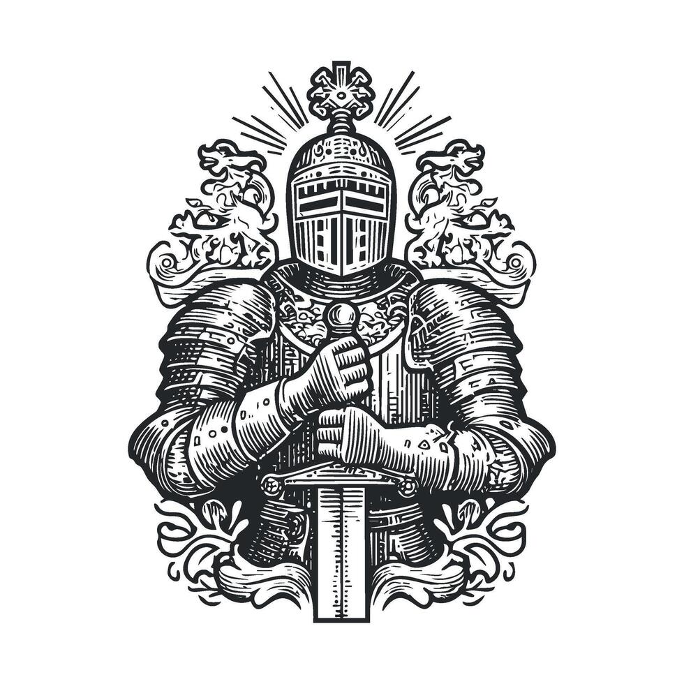 Knight in armor holding sword with crest and decorative elements vector