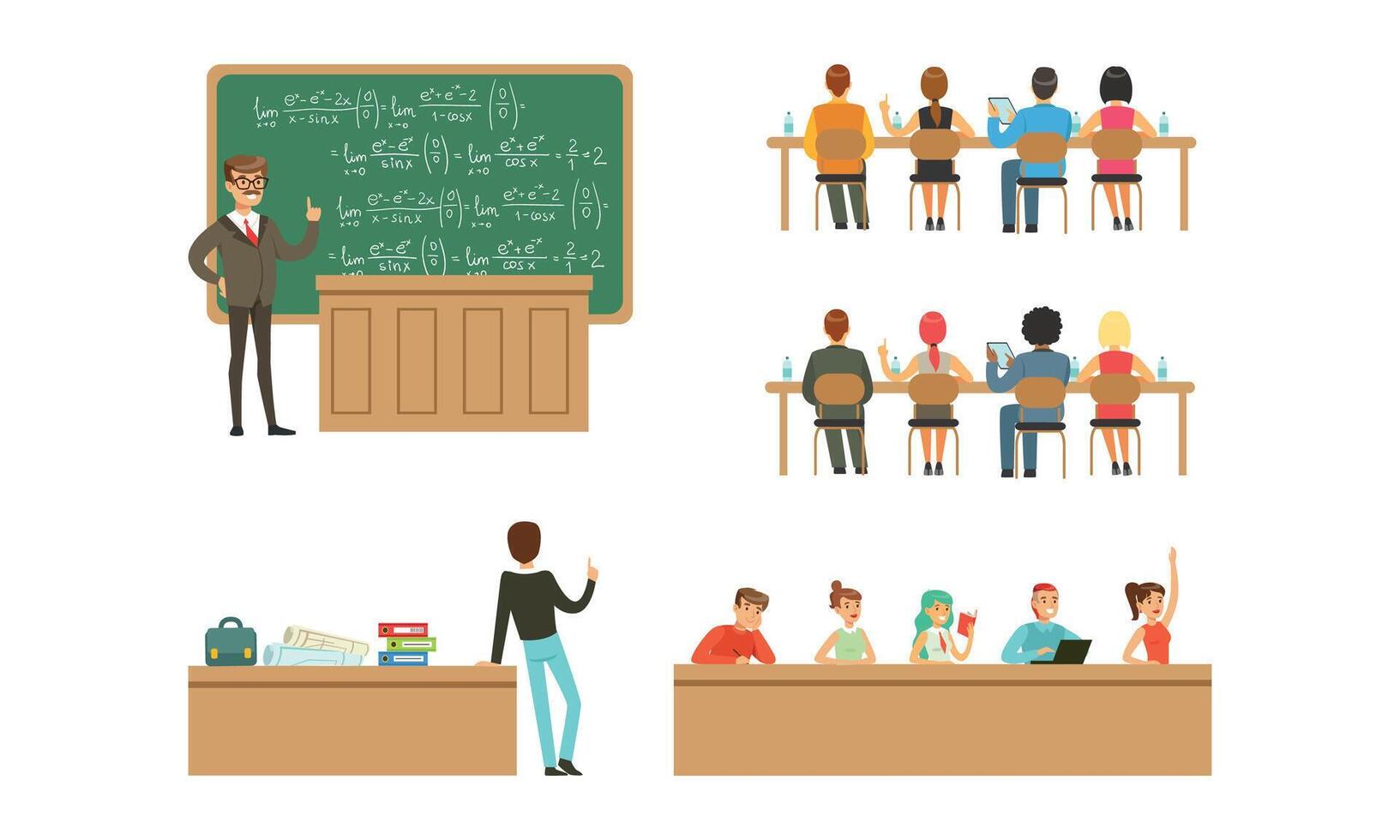 Students at University Set, Students and Professors in Lecture Hall at Learning Process Cartoon Illustration vector