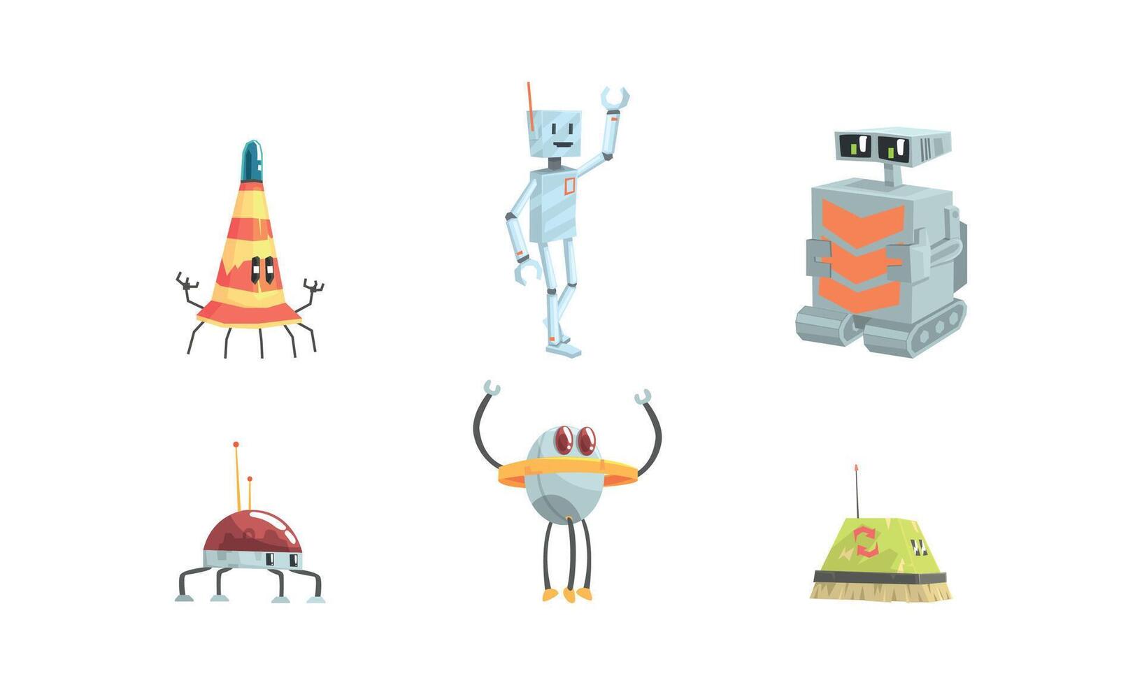 Funny Robots Collection, Android Assistant, Artificial Intelligence Worker Cartoon Characters Illustration vector