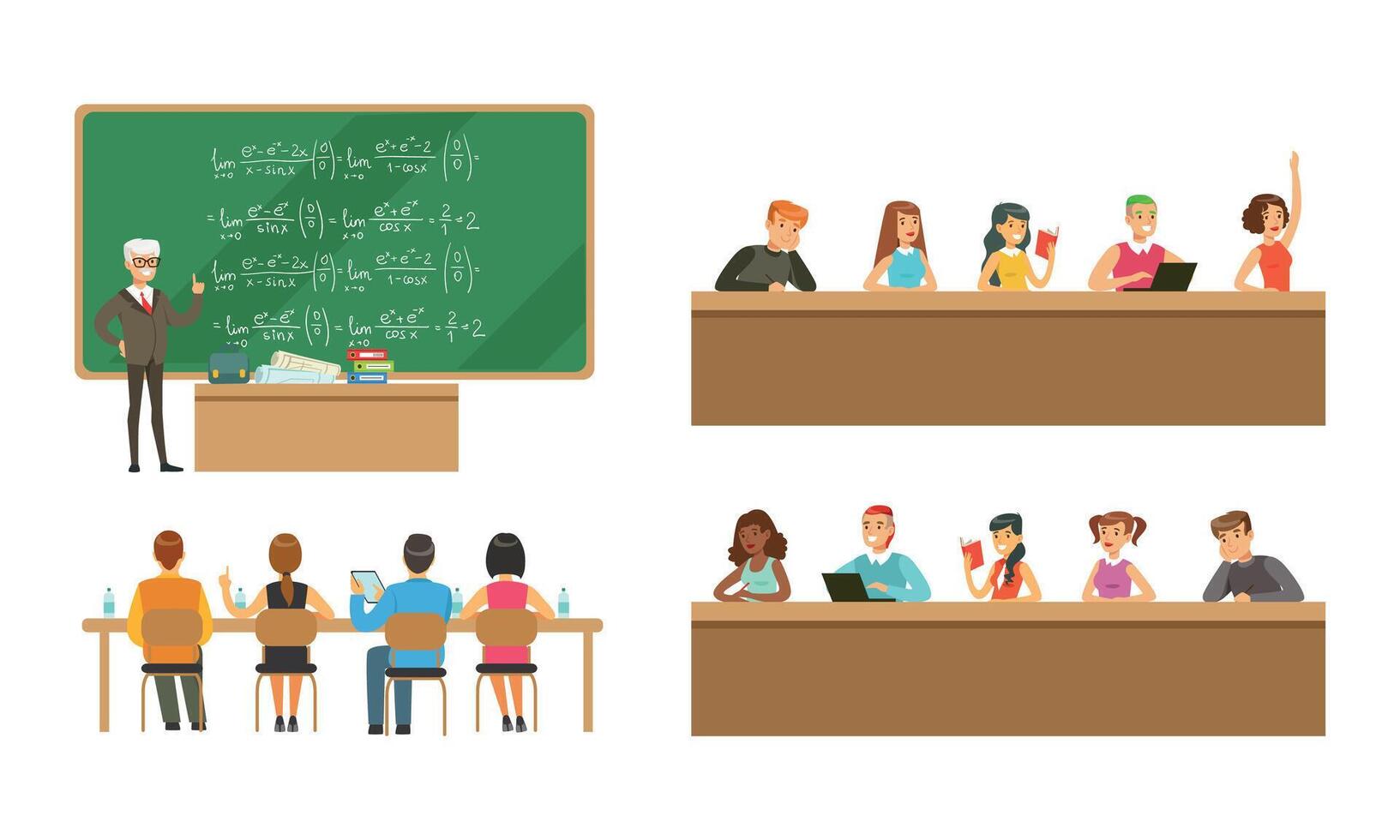 Students Studying at University Set, College and University Education, Students and Professors in Lecture Hall at Learning Process Cartoon Illustration vector