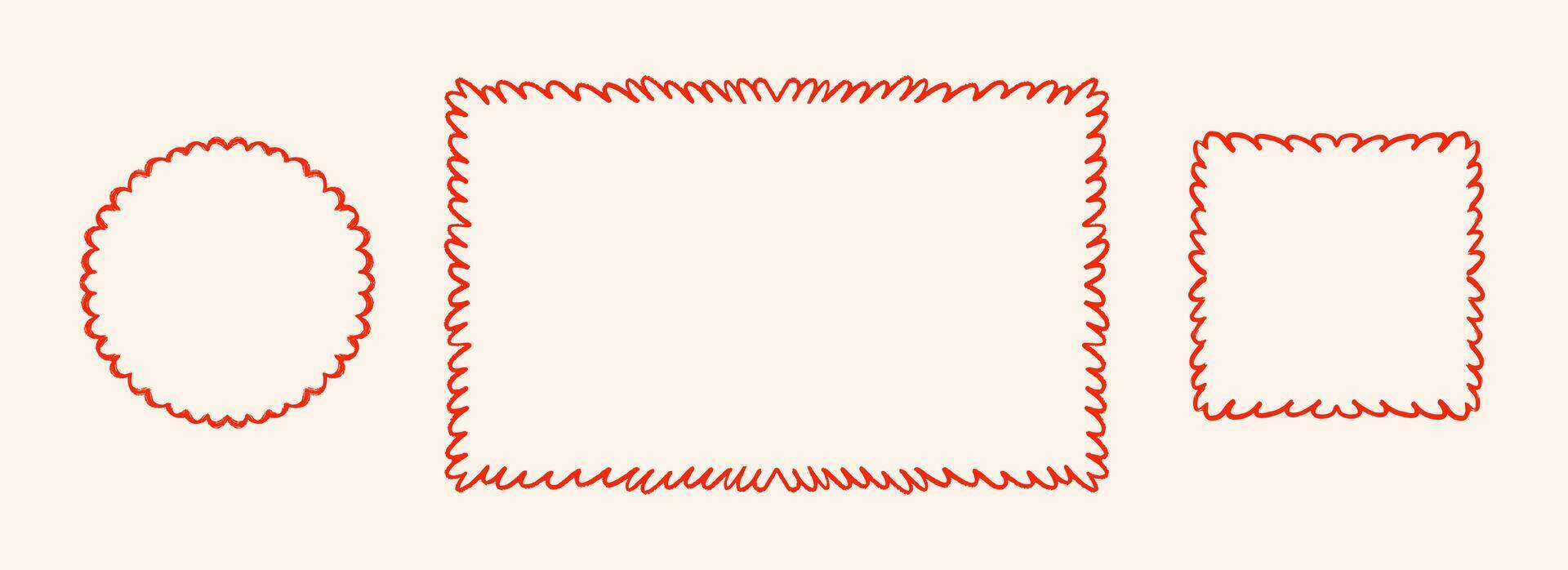 Hand drawn scalloped frame set. Red wavy edge border collection. Circle, rectangle and square doodled scallop box bundle for invitation template, poster, banner. Squiggle edges sketch cadre. vector