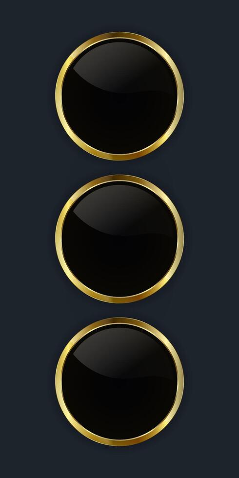 Three Luxury metalic circle buttons, icons used for UI and set of three Digital elements with Smooth rounded edges in lustrous gold border, illustration vector