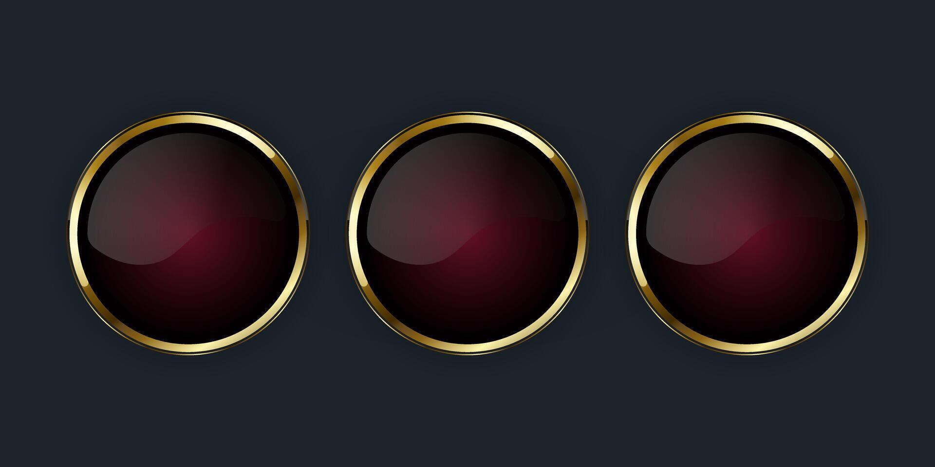 Set of three Luxury metalic shiny red buttons, icons design for web UI and three Digital Icons with Smooth rounded edges in lustrous gold border, illustration vector