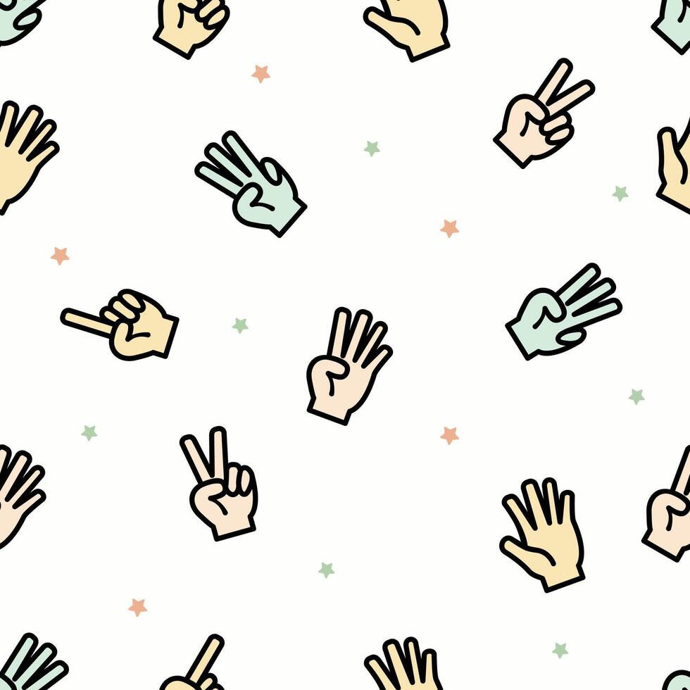 a playful seamless pattern featuring counting hand gestures and tiny star accents on white vector