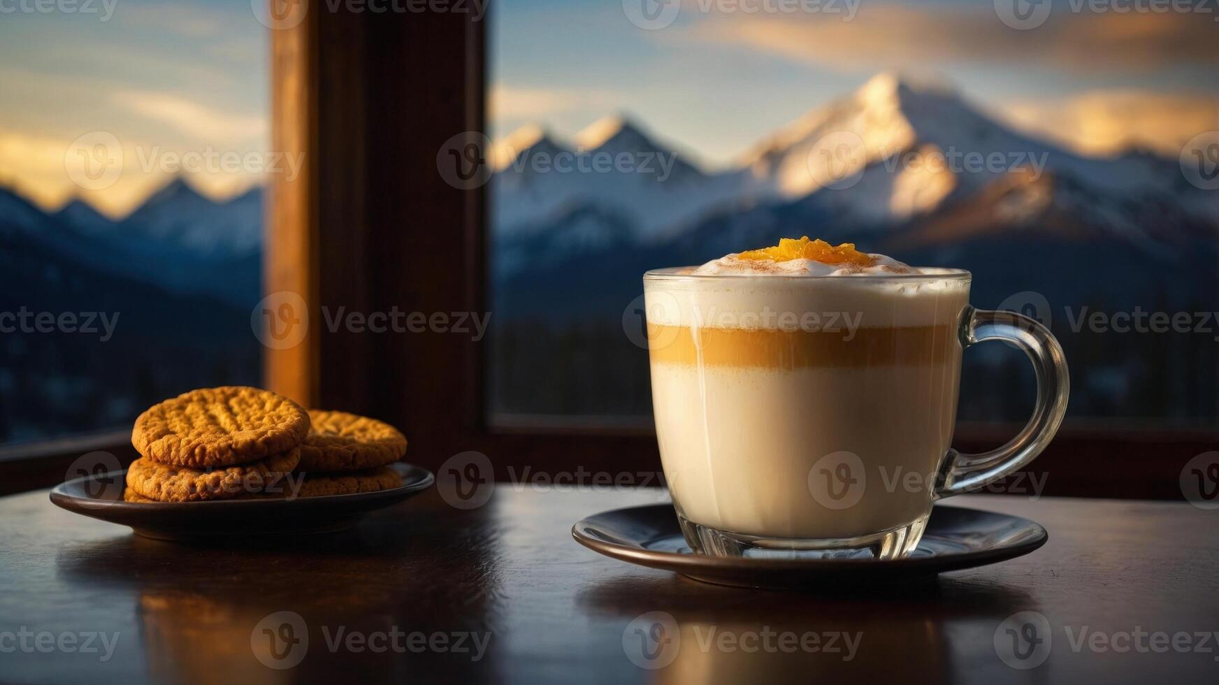 A cappuccino with cookies on a table in front of a mountain view photo