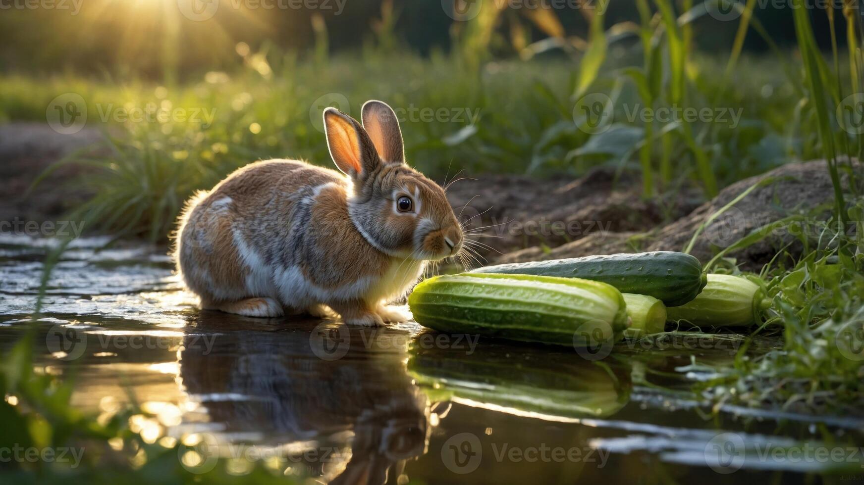 A rabbit wades through a serene stream, curiously inspecting fresh cucumbers on the bank, with sunlight filtering through the trees in the background photo